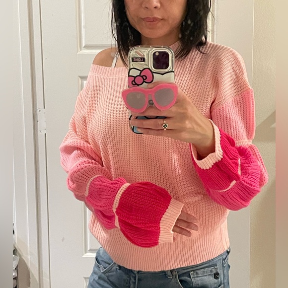 027 Cozy Pink Color Block Oversized Sweater Top